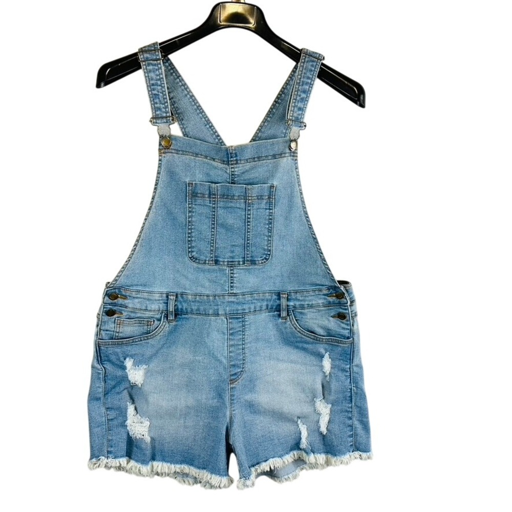 Venus Womans Sz 12 Shortalls Denim Shorts Overalls Blue Pockets Distressed